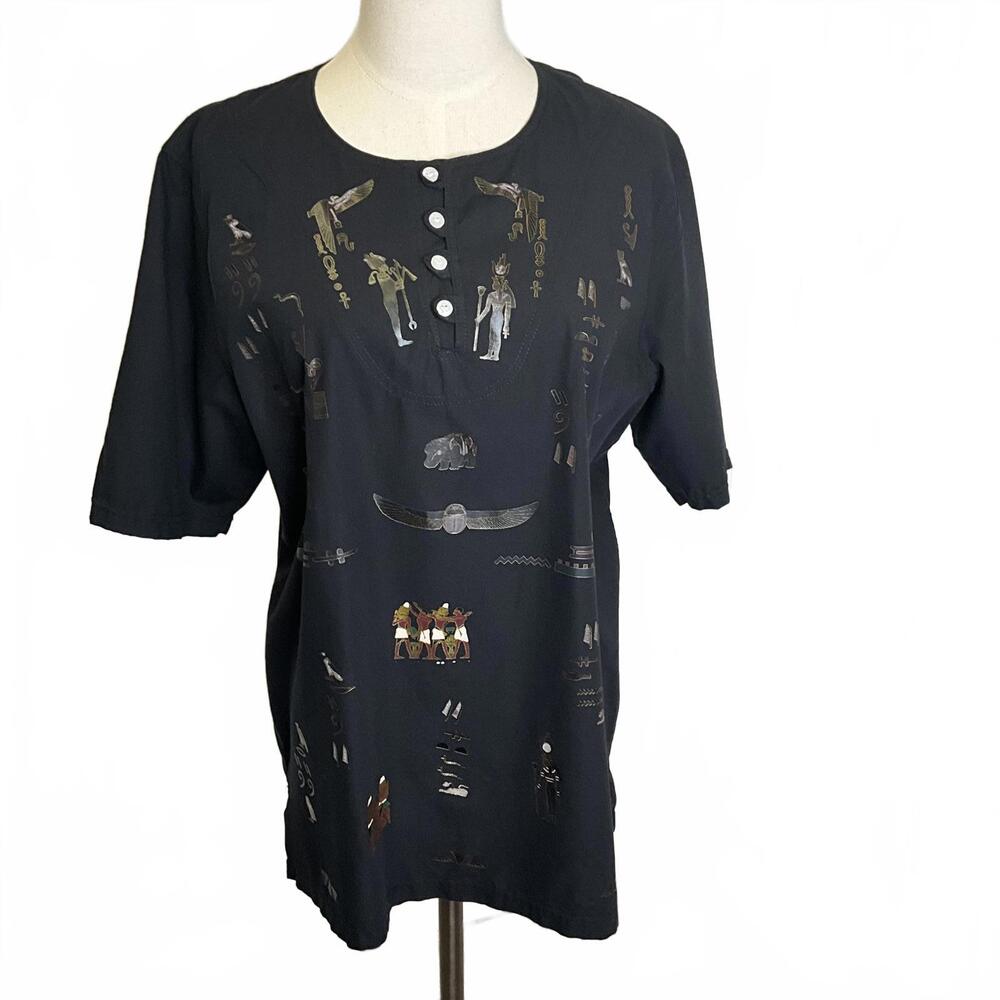 Vintage Cotton Flower Women's Size XL Black Egyptian Cotton Tunic Top Blouse
